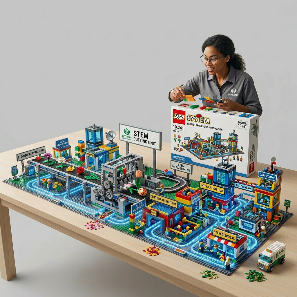 Woman building a LEGO modular system transforming an outdated data silo filled with wires and labels